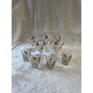 Vtg MCM 1950s Libbey 22k GoldLeaf & Rim Frosted Brandy Shot Glass Liquor Set (9)